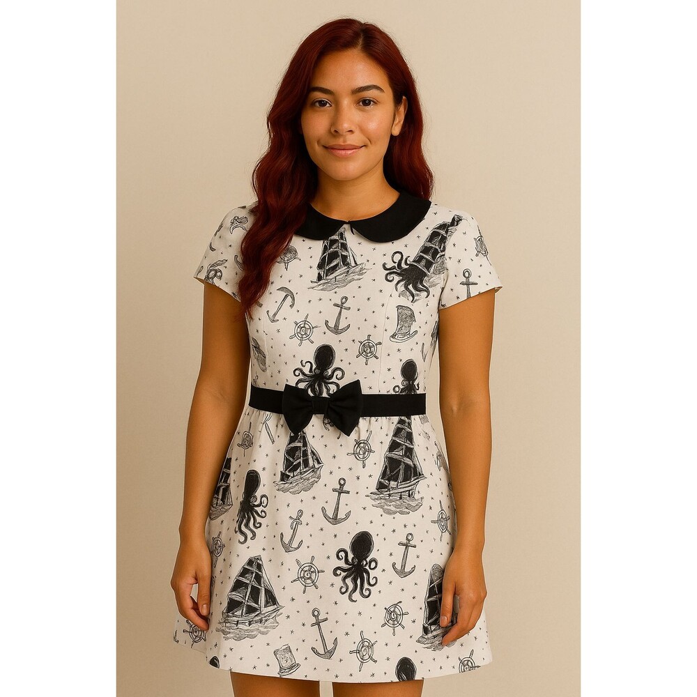 Sourpuss Cream Kraken’s Revenge Lizzie Dress Retired Rockabilly Pinup Style | XS